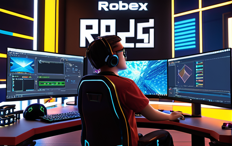 A vibrant Roblox game creation scene. Focus on a creator intensely working in Roblox Studio, surrounded by monitors displaying code, 3D models, and game assets. The atmosphere should be energetic and inspiring, showcasing the fusion of technical skill and artistic creativity. Consider a "gamer den" aesthetic with personal touches.