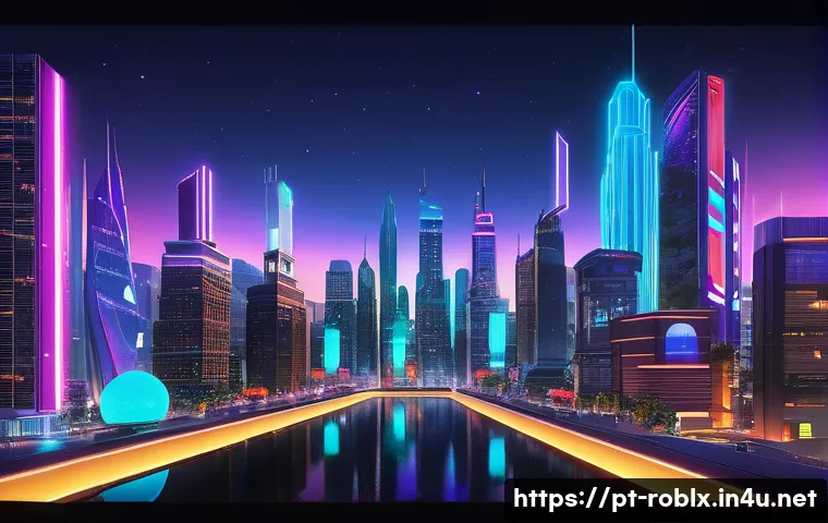 로블록스 인기 게임 유형 - A vibrant and detailed futuristic cityscape within a Roblox immersive world, featuring sleek skyscra...