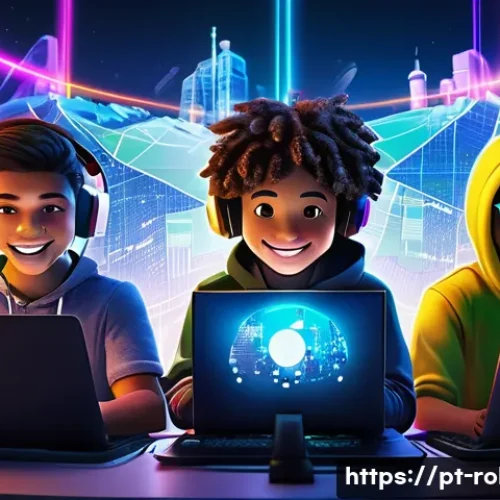 로블록스 글로벌 서버 정보 - A vibrant digital illustration of a diverse group of young gamers from Brazil and Europe playing Rob...