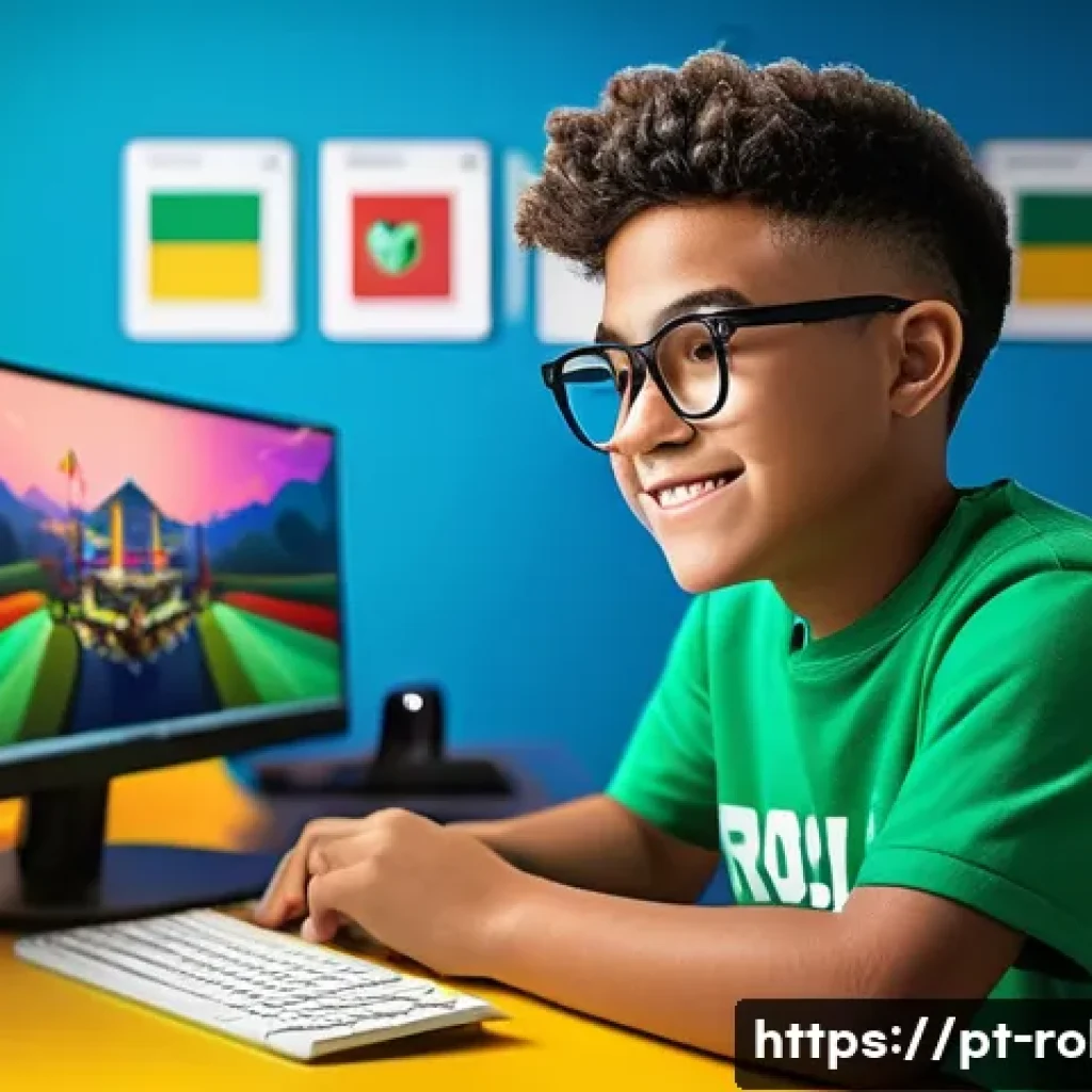 로블록스 프로모션 코드 사용법 - A vibrant and detailed digital scene showing a young Brazilian gamer sitting at a modern desk with a...