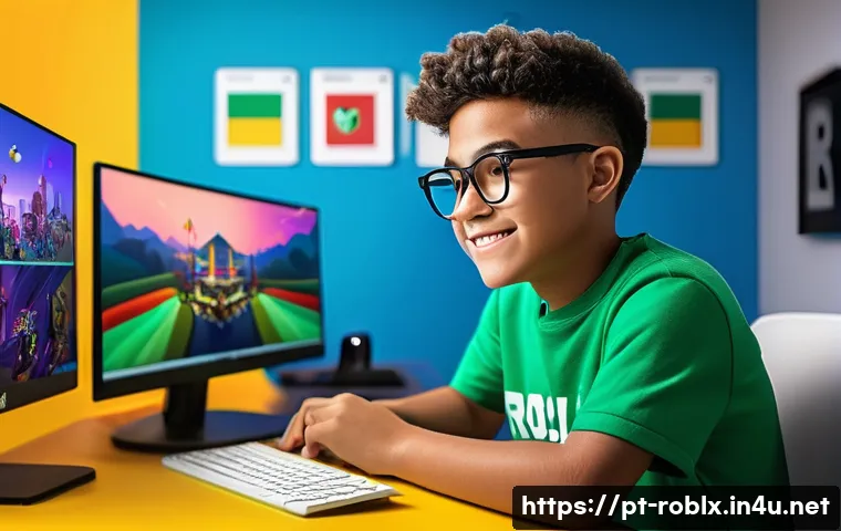 로블록스 프로모션 코드 사용법 - A vibrant and detailed digital scene showing a young Brazilian gamer sitting at a modern desk with a...