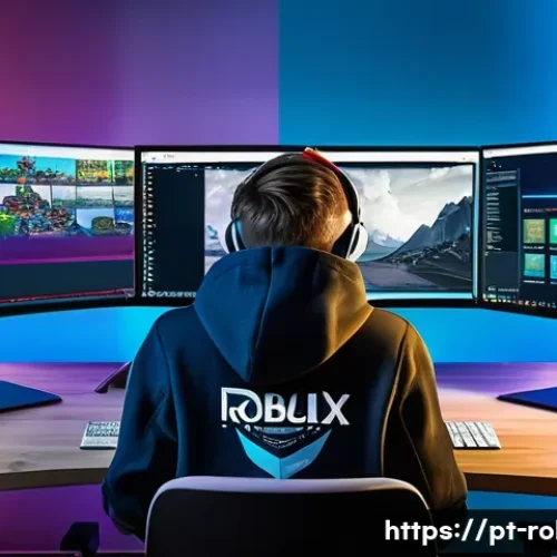 로블록스 관리자 권한 신청법 - A young Roblox player dressed in casual gamer attire with a Roblox-themed hoodie and jeans, sitting ...