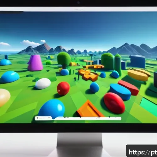 로블록스 게임 제작 단계별 가이드 - A detailed digital art scene showcasing a Roblox Studio workspace on a modern computer screen. The i...