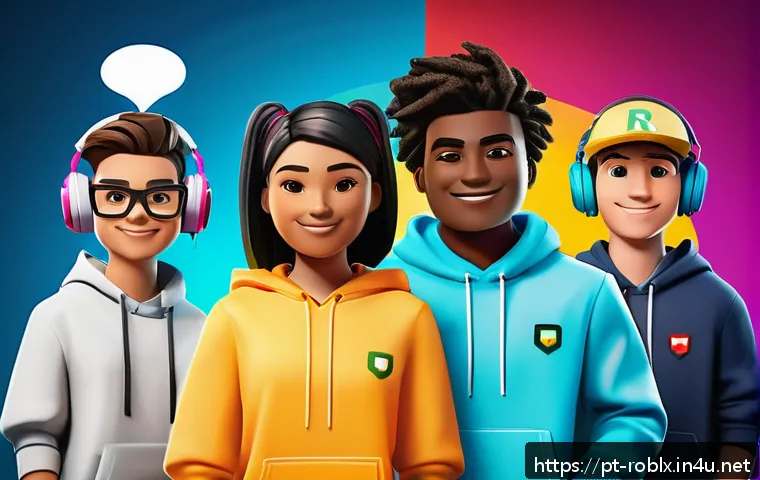 로블록스 텍스트 채팅 명령어 - A dynamic Roblox gaming scene showing a diverse group of teenage players communicating efficiently u...