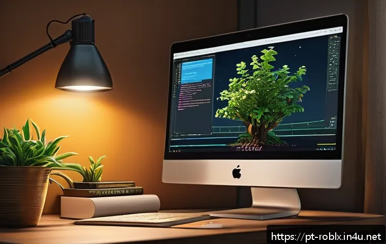 로블록스 루아 Lua 코딩 초급 강의 - A detailed digital illustration of a young programmer in a cozy home office environment, focused on ...
