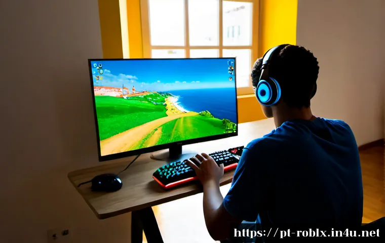 로블록스 FPS 게임 추천 - Photorealistic over-the-shoulder view of a Portuguese-speaking teenage gamer in a tidy Lisbon apartm...