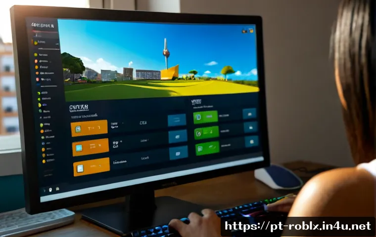 Home 17 로블록스 사용자 인터페이스 UI 디자인 - Photorealistic over-the-shoulder view of a Brazilian game interface designer creating a colorful blo...
